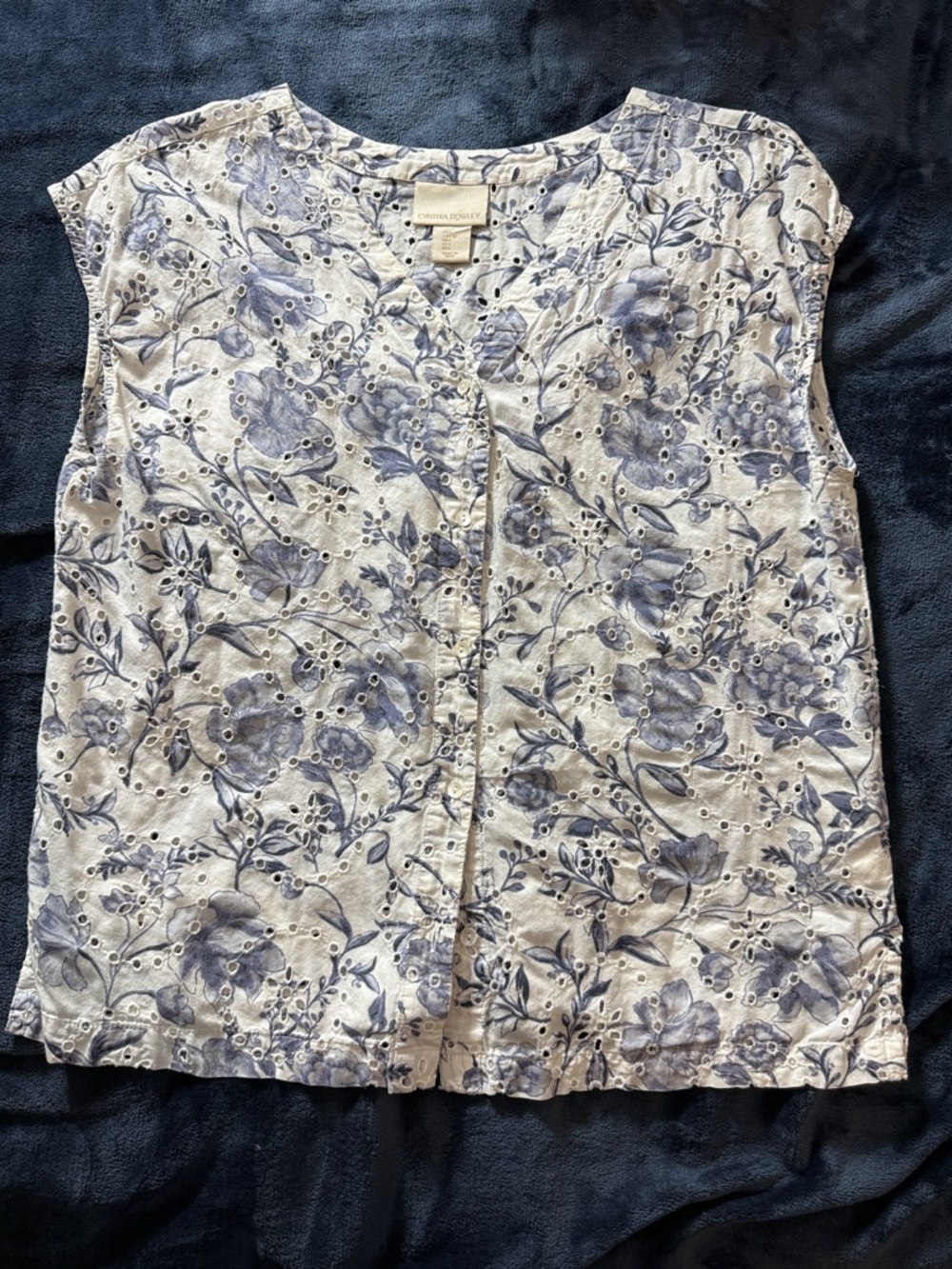 Cynthia Rowley Blue Floral Eyelet Sleeveless Blouse
